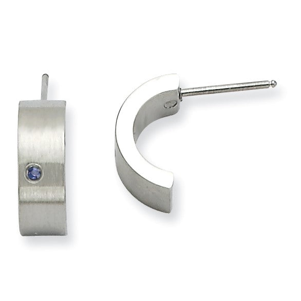 Stainless Steel Blue CZ Brushed & Polished Half Hoop Post Earrings - Birthstone Company
