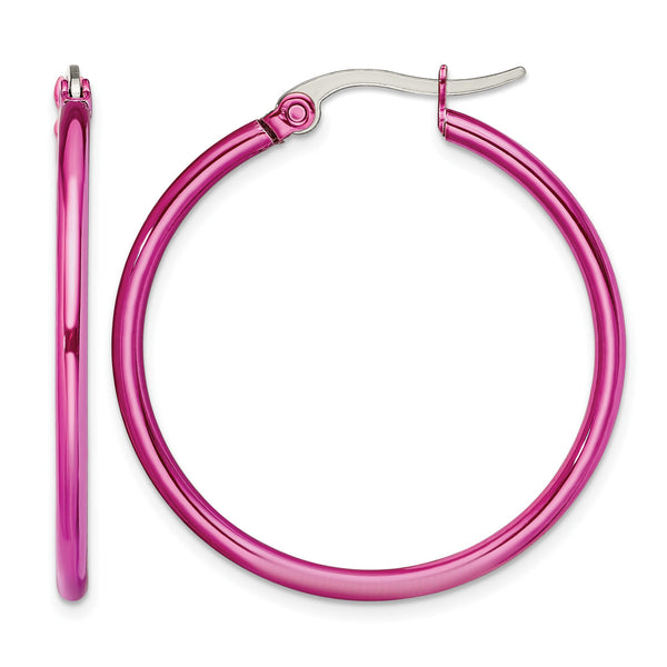 Stainless Steel Pink IP plated 32mm Hoop Earrings - Birthstone Company