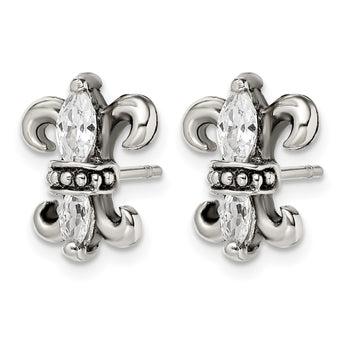 Stainless Steel Antiqued Fleur de lis with CZ Post Earrings - Birthstone Company