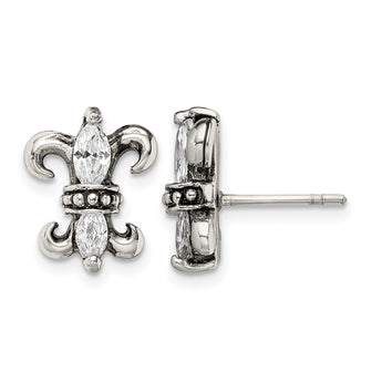 Stainless Steel Antiqued Fleur de lis with CZ Post Earrings - Birthstone Company