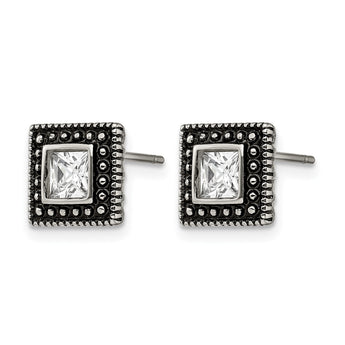 Stainless Steel Square CZ Antiqued Post Earrings - Birthstone Company