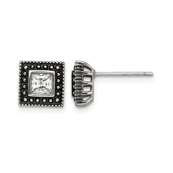 Stainless Steel Square CZ Antiqued Post Earrings - Birthstone Company