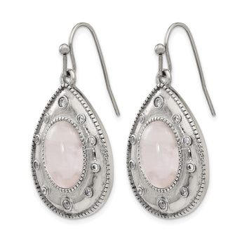 Stainless Steel Polished Rose Quartz and CZ Shepherd Hook Earrings - Birthstone Company