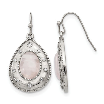 Stainless Steel Polished Rose Quartz and CZ Shepherd Hook Earrings - Birthstone Company