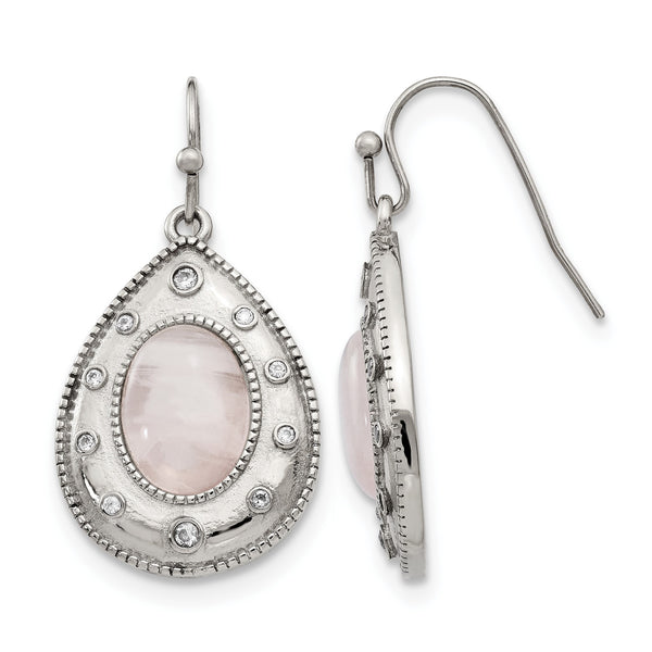 Stainless Steel Polished Rose Quartz and CZ Shepherd Hook Earrings - Birthstone Company