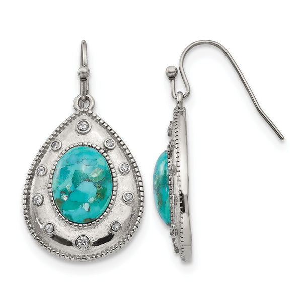 Stainless Steel Polished Imitation Turquoise and CZ Shepherd Hook Earrings - Birthstone Company