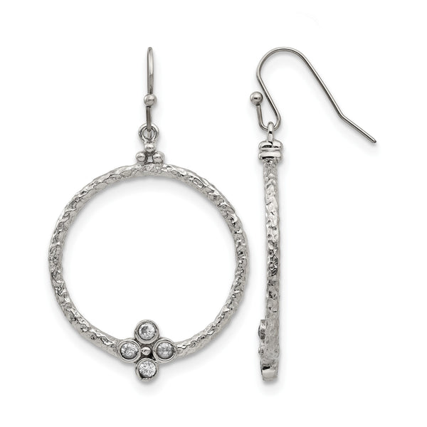 Stainless Steel Polished/Textured CZ Shepherd Hook Earrings - Birthstone Company