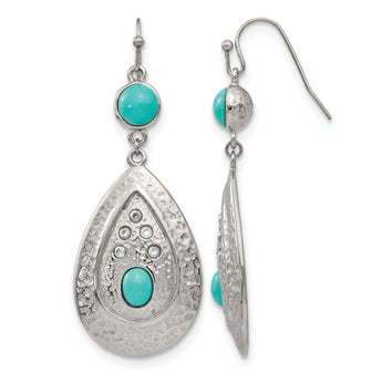 Stainless Steel Polished/Hammered Imitation Turquoise/CZ Earrings - Birthstone Company