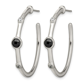 Stainless Steel Polished Black Onyx/CZ Post Hoop Earrings - Birthstone Company