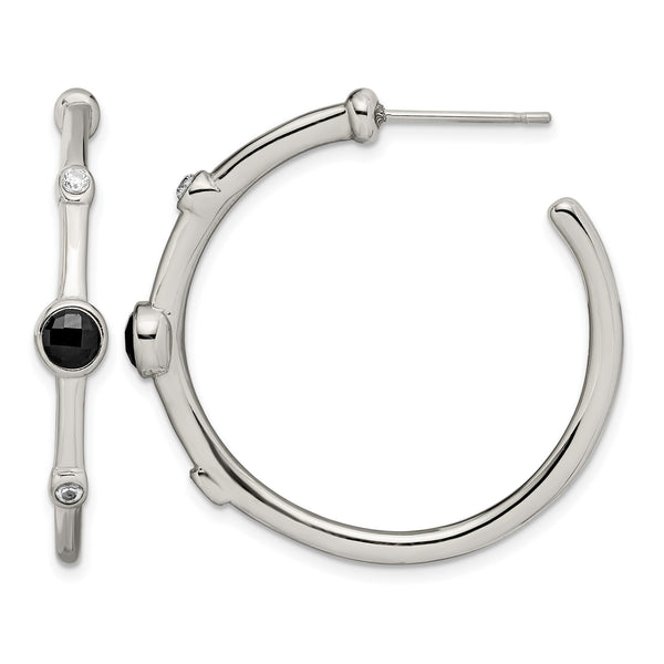 Stainless Steel Polished Black Onyx/CZ Post Hoop Earrings - Birthstone Company