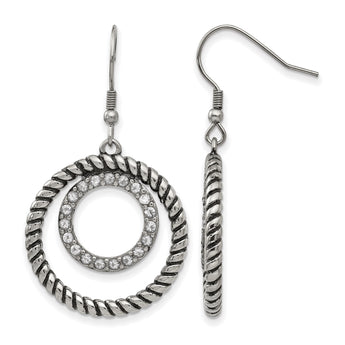 Stainless Steel Polished and Antiqued CZ Circle Dangle Earrings - Birthstone Company