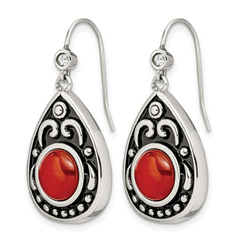 Stainless Steel Polished/Antiqued Red Agate/CZ Dangle Earrings - Birthstone Company