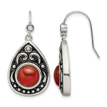 Stainless Steel Polished/Antiqued Red Agate/CZ Dangle Earrings - Birthstone Company