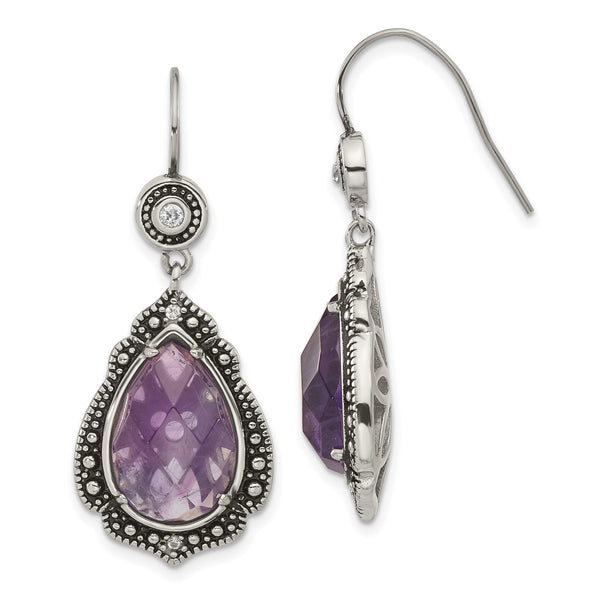 Stainless Steel Polished/Antiqued Purple CZ Earrings - Birthstone Company
