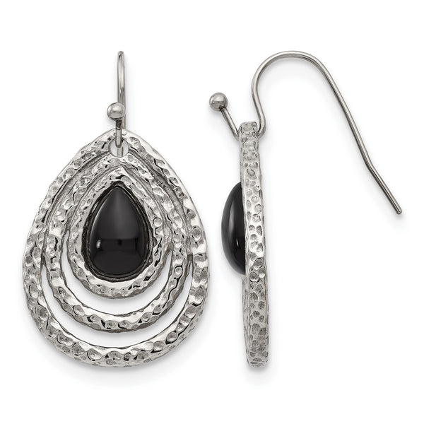 Stainless Steel Polished Black Onyx Shepherd Hook Earrings - Birthstone Company