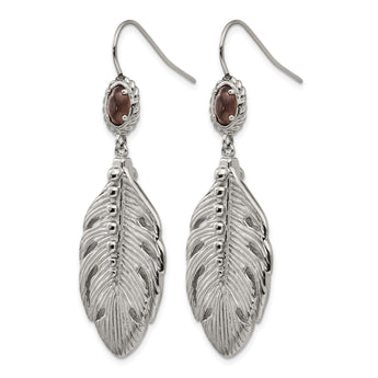 Stainless Steel Polished Smoky Quartz Feather Earrings - Birthstone Company