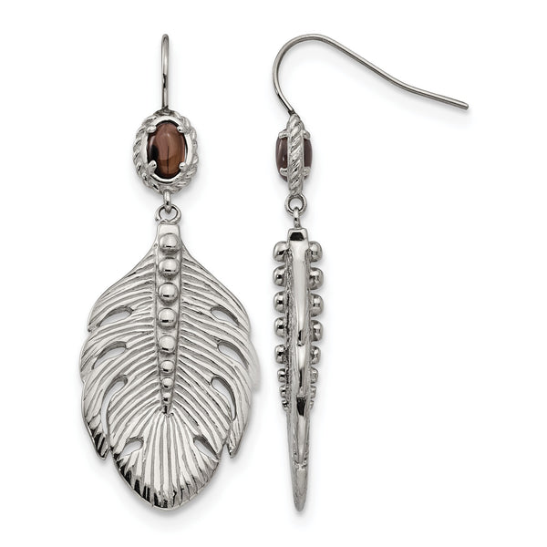 Stainless Steel Polished Smoky Quartz Feather Earrings - Birthstone Company
