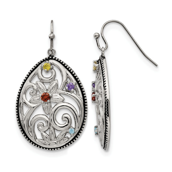 Stainless Steel Polished/Antiqued Multicolor CZ Earrings - Birthstone Company