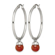 Stainless Steel Polished Hoop w/Red Agate Bead Earrings - Birthstone Company