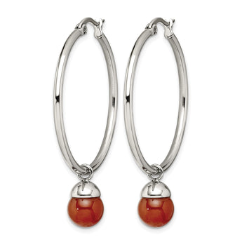 Stainless Steel Polished Hoop w/Red Agate Bead Earrings - Birthstone Company