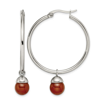 Stainless Steel Polished Hoop w/Red Agate Bead Earrings - Birthstone Company