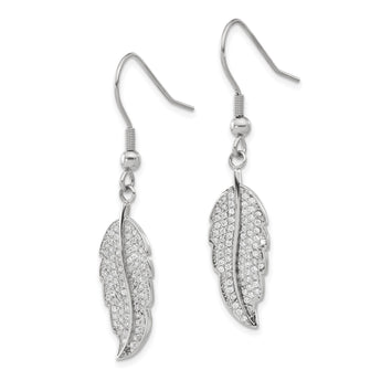 Stainless Steel Polished Leaf with CZs Shepherd Hook Earrings - Birthstone Company