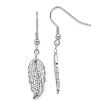 Stainless Steel Polished Leaf with CZs Shepherd Hook Earrings - Birthstone Company