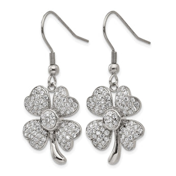 Stainless Steel Polished 4-Leaf Clover w/CZ Shepherd Hook Earrings - Birthstone Company