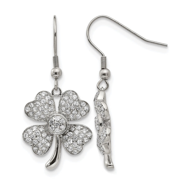 Stainless Steel Polished 4-Leaf Clover w/CZ Shepherd Hook Earrings - Birthstone Company