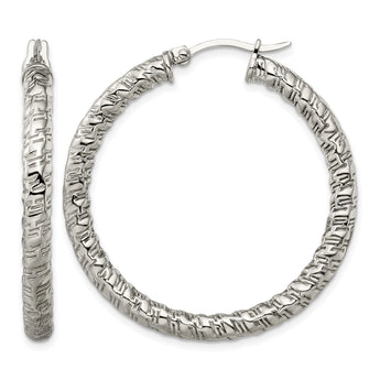 Stainless Steel Polished Textured Hollow Hoop Earrings - Birthstone Company