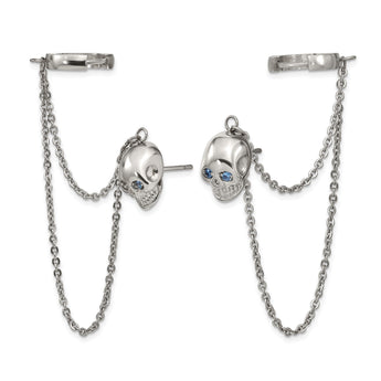 Stainless Steel Polished Double Earrings w/Hoop Chain Dangle & Blue CZ Post - Birthstone Company
