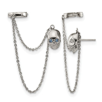 Stainless Steel Polished Double Earrings w/Hoop Chain Dangle & Blue CZ Post - Birthstone Company
