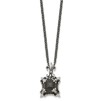 Stainless Steel Antiqued & Black Agate & Fleur de lis Necklace - Birthstone Company