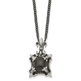 Stainless Steel Antiqued & Black Agate & Fleur de lis Necklace - Birthstone Company