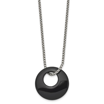 Stainless Steel Black Onyx Large Circular Polished Necklace - Birthstone Company