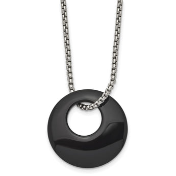 Stainless Steel Black Onyx Large Circular Polished Necklace - Birthstone Company