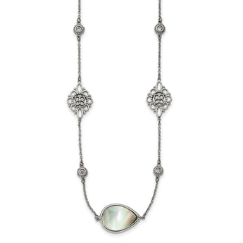 Stainless Steel Polished w/Black Mother of Pearl & CZ w/3in ext Necklace - Birthstone Company