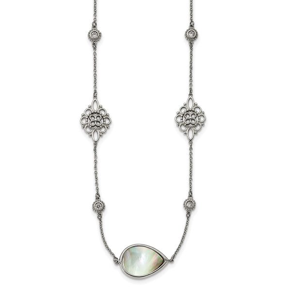 Stainless Steel Polished w/Black Mother of Pearl & CZ w/3in ext Necklace - Birthstone Company