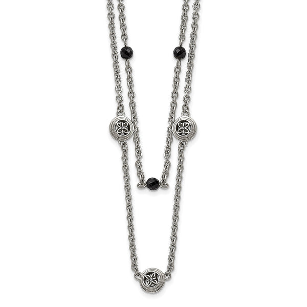 Stainless Steel Polished Black Onyx w/2in ext. Layered Necklace - Birthstone Company