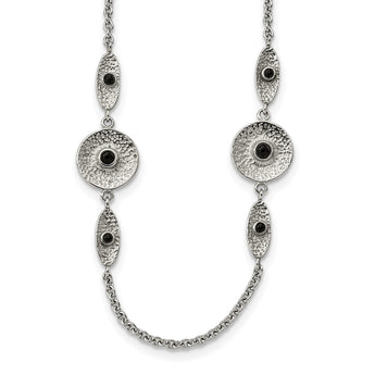 Stainless Steel Polished/Textured Black Onyx w/2in ext. Necklace - Birthstone Company