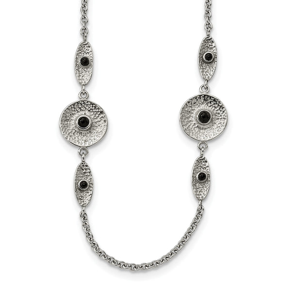 Stainless Steel Polished/Textured Black Onyx w/2in ext. Necklace - Birthstone Company