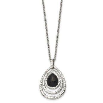 Stainless Steel Polished/Textured Black Onyx w/2in ext. Necklace - Birthstone Company