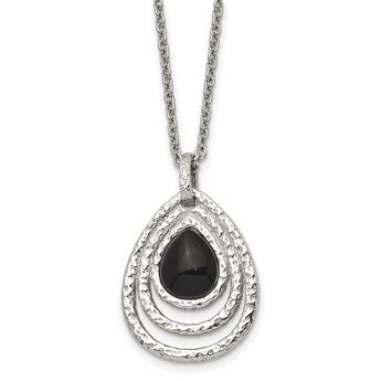 Stainless Steel Polished/Textured Black Onyx w/2in ext. Necklace - Birthstone Company