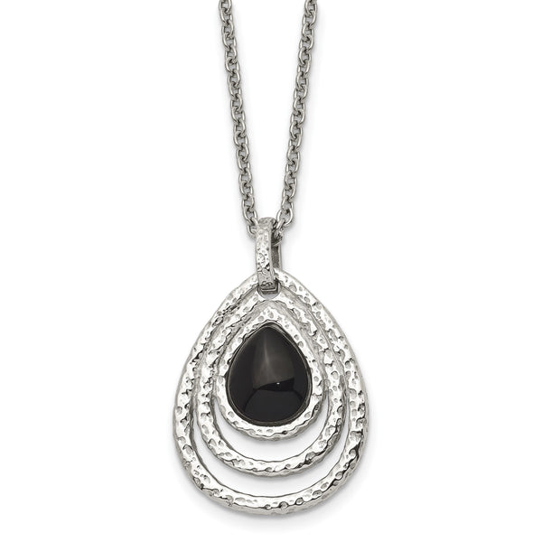 Stainless Steel Polished/Textured Black Onyx w/2in ext. Necklace - Birthstone Company