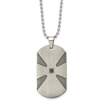 Stainless Steel Brushed .03ct Black Diamond Cross Dog Tag 24in Necklace - Birthstone Company