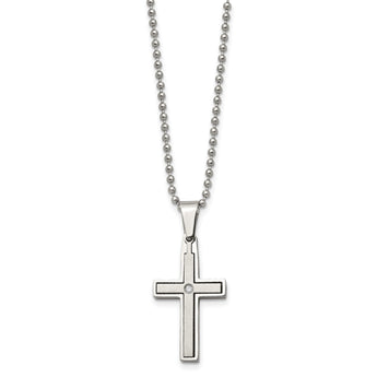 Chisel Stainless Steel Brushed and Polished .03 carat Diamond Cross Pendant on a 22 inch Ball Chain Necklace - Birthstone Company