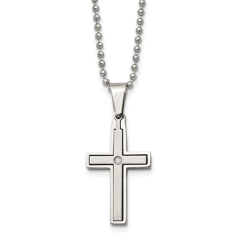 Chisel Stainless Steel Brushed and Polished .03 carat Diamond Cross Pendant on a 22 inch Ball Chain Necklace - Birthstone Company