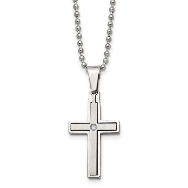 Chisel Stainless Steel Brushed and Polished .03 carat Diamond Cross Pendant on a 22 inch Ball Chain Necklace - Birthstone Company