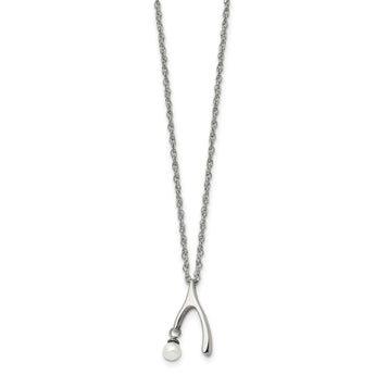 Stainless Steel Polished Wishbone Imitation Pearl 16in Necklace - Birthstone Company