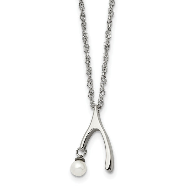 Stainless Steel Polished Wishbone Imitation Pearl 16in Necklace - Birthstone Company